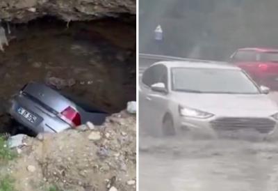 (VIDEO) Neverovatni snimci iz Istanbula: Nevreme izazvalo haos na ulicama, zemlja "progutala" automobil, vozila plutaju